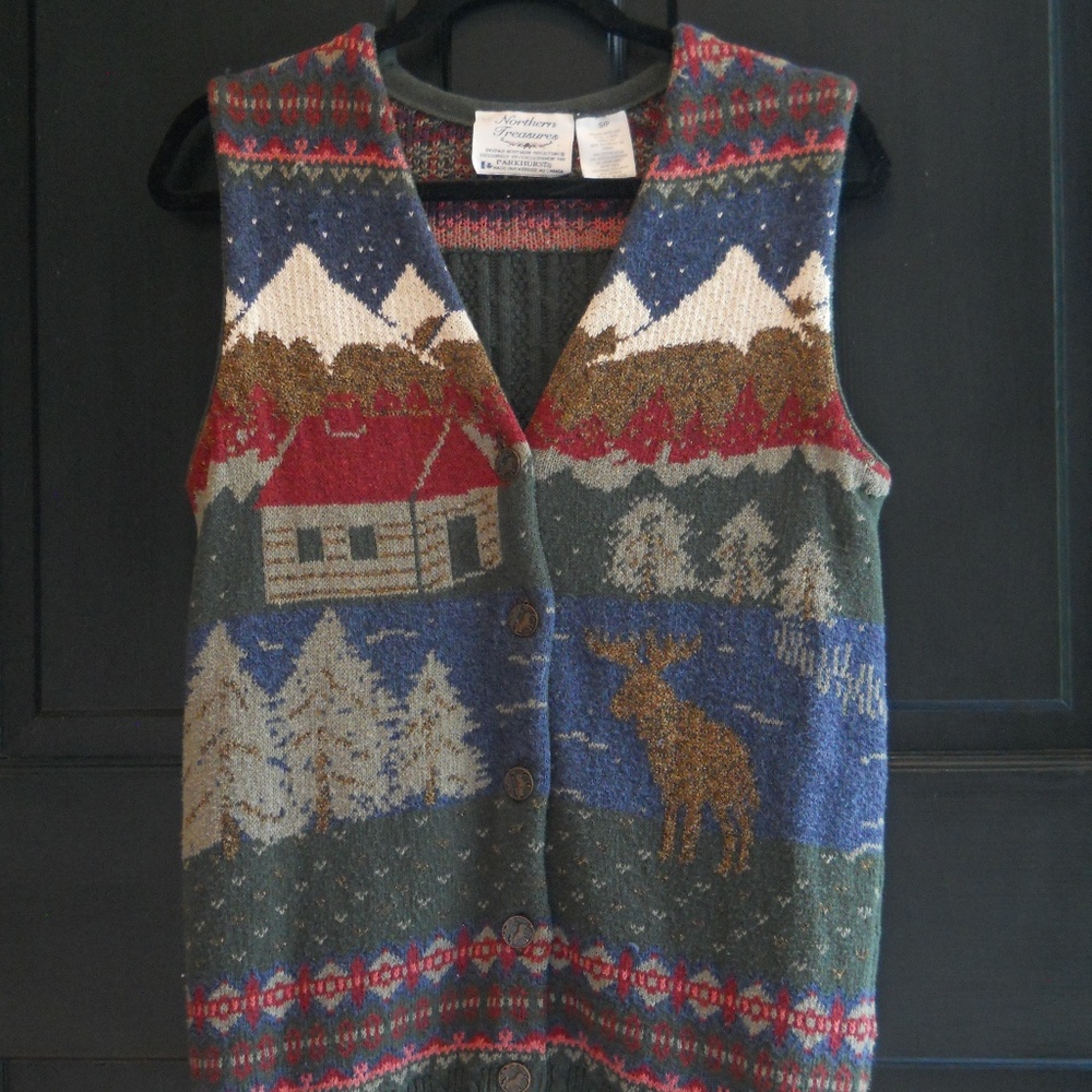 Vtg Moose Cardigan Sweater Vest Northern Treasures